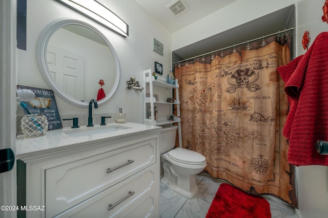 full bath featuring visible vents, marble finish floor, vanity, and toilet