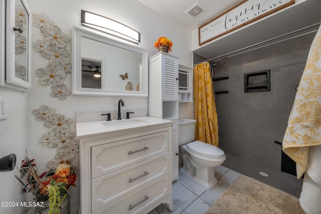 full bath with vanity, marble finish floor, toilet, a shower with shower curtain, and visible vents