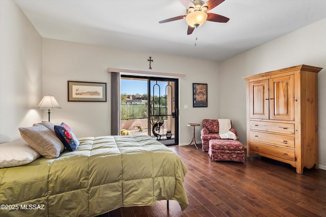 bedroom with ceiling fan, dark hardwood / wood-style flooring, and access to outside