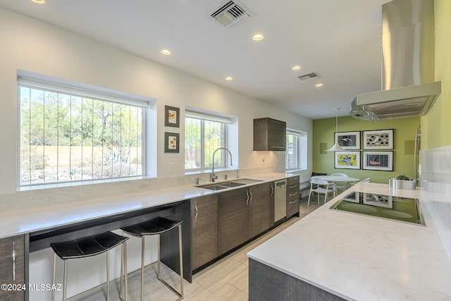 kitchen featuring exhaust hood, black electric stovetop, sink, light tile patterned floors, and dark brown cabinetry