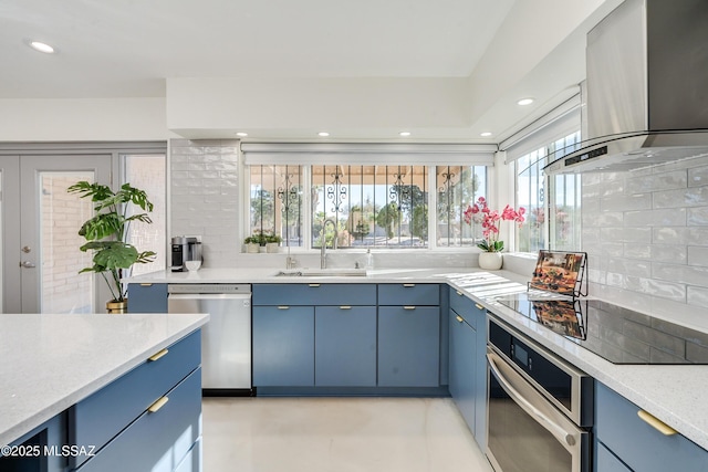 kitchen with appliances with stainless steel finishes, blue cabinetry, ventilation hood, decorative backsplash, and sink