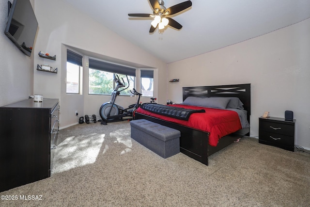 bedroom featuring carpet, ceiling fan, and lofted ceiling