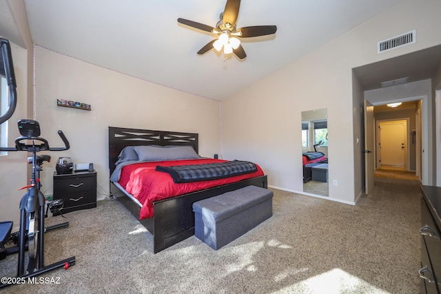 bedroom featuring carpet floors, ceiling fan, and lofted ceiling