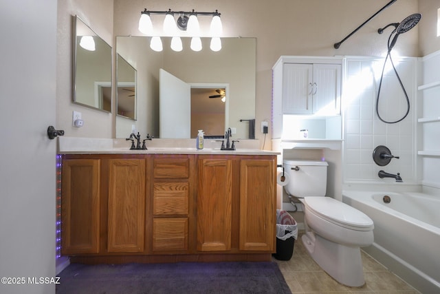 full bathroom with vanity, toilet, shower / bathtub combination, and ceiling fan