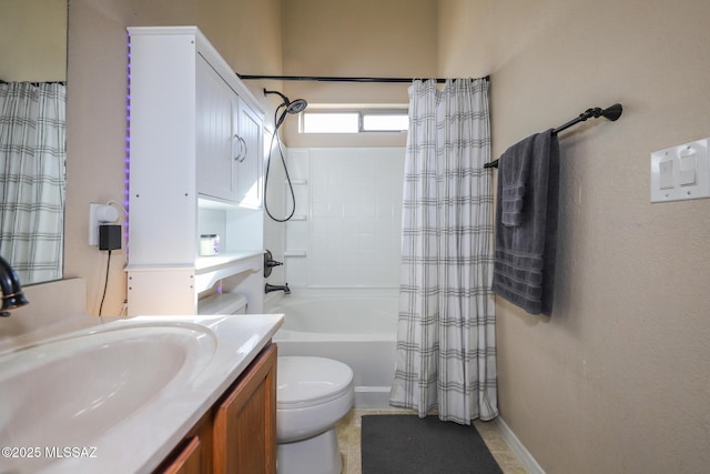 full bathroom with shower / tub combo, vanity, toilet, and tile patterned floors