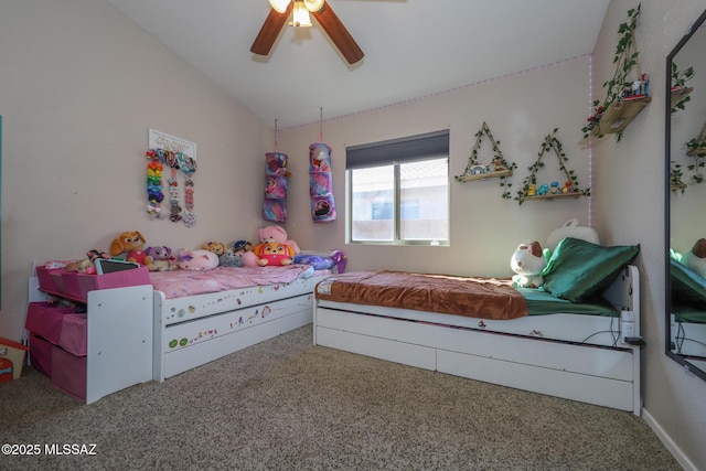 bedroom with carpet, ceiling fan, and lofted ceiling