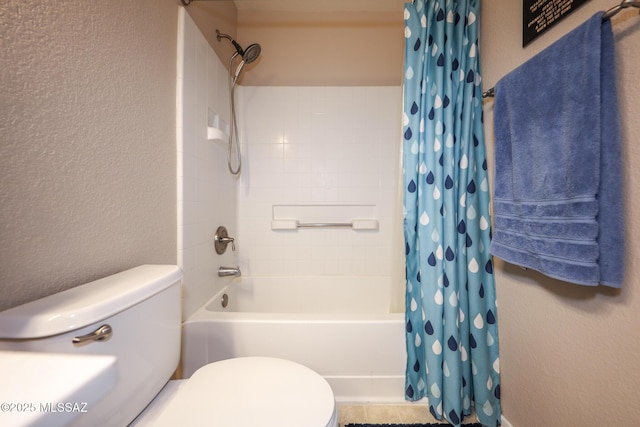 bathroom with shower / bathtub combination with curtain and toilet