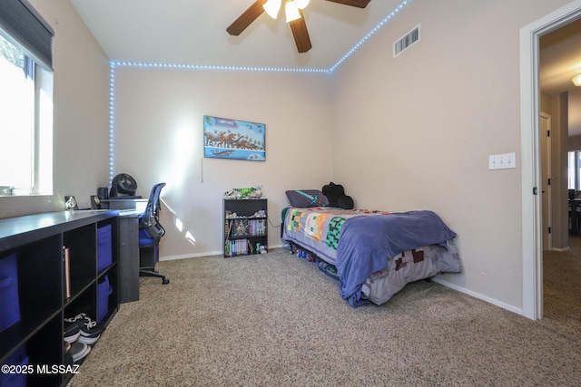 bedroom featuring carpet and ceiling fan