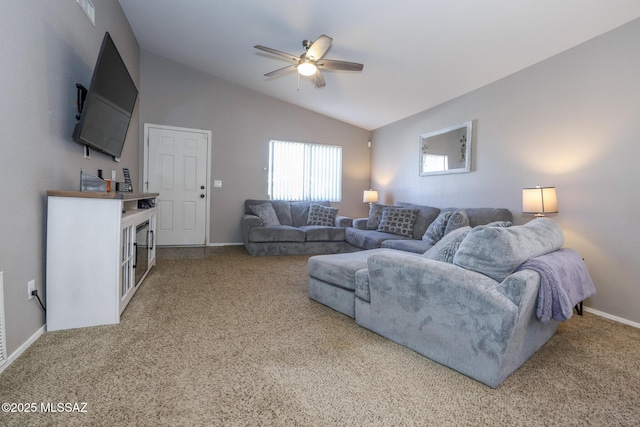 living room with carpet flooring, ceiling fan, and vaulted ceiling