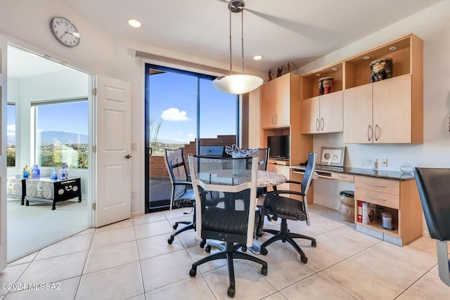 tiled office space with a mountain view