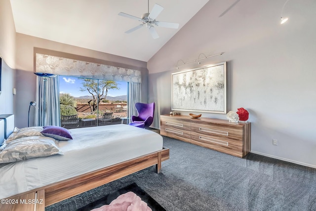 bedroom with dark colored carpet, high vaulted ceiling, and ceiling fan