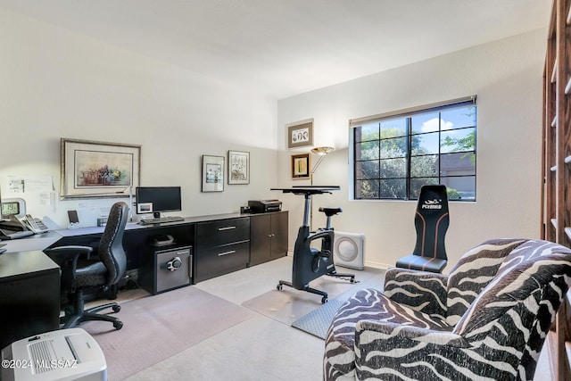 home office with light colored carpet