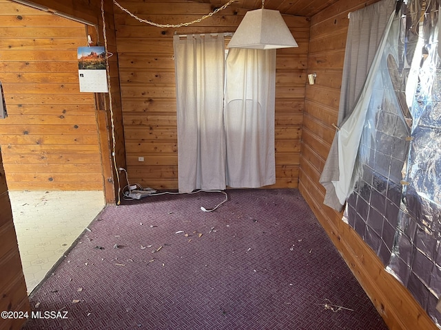 spare room featuring wooden walls and carpet floors