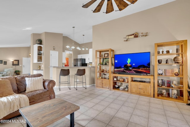 tiled living room with lofted ceiling