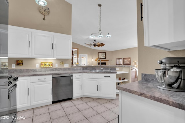 kitchen featuring dishwasher, white cabinets, hanging light fixtures, ceiling fan, and kitchen peninsula