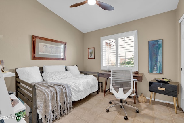 tiled bedroom featuring ceiling fan and lofted ceiling