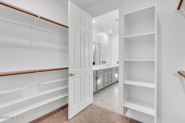 spacious closet featuring sink and light carpet