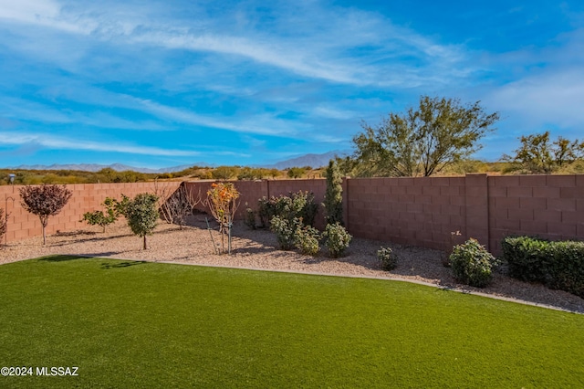 view of yard with a fenced backyard and a mountain view