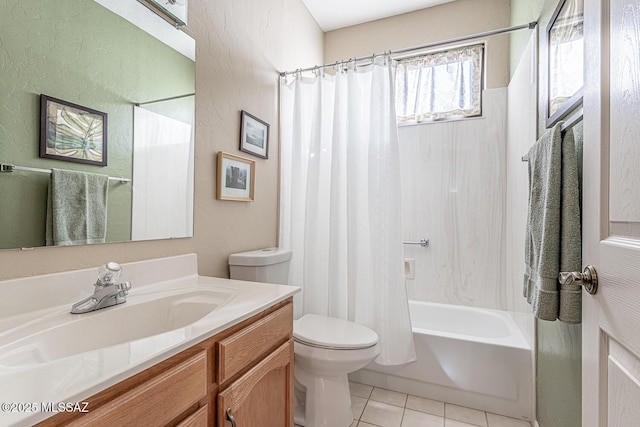 full bathroom with tile patterned flooring, vanity, toilet, and shower / bathtub combination with curtain