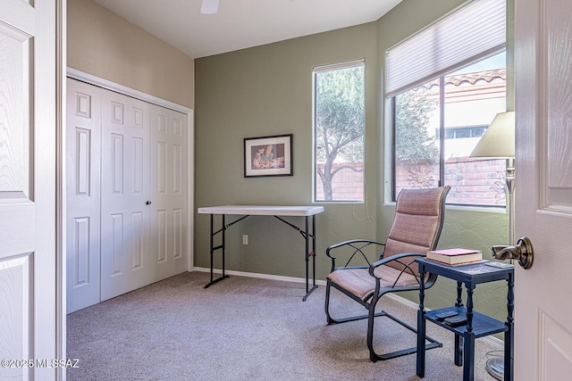 living area featuring light carpet