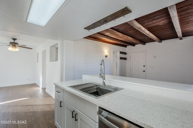 kitchen featuring sink, wood-type flooring, wooden ceiling, dishwasher, and beam ceiling