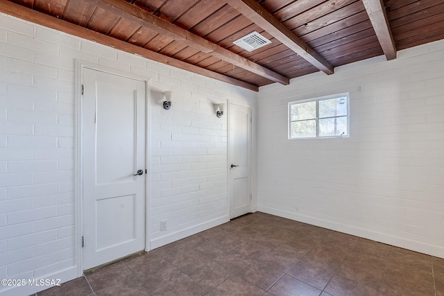 empty room featuring beam ceiling, brick wall, and wood ceiling