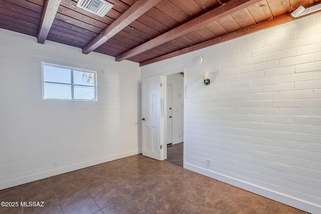 spare room featuring beam ceiling, wooden ceiling, and brick wall