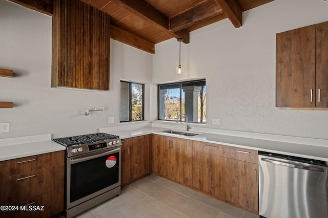 kitchen featuring light tile patterned flooring, wooden ceiling, sink, beam ceiling, and stainless steel appliances