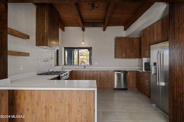 kitchen featuring sink, beamed ceiling, kitchen peninsula, stainless steel appliances, and wood ceiling