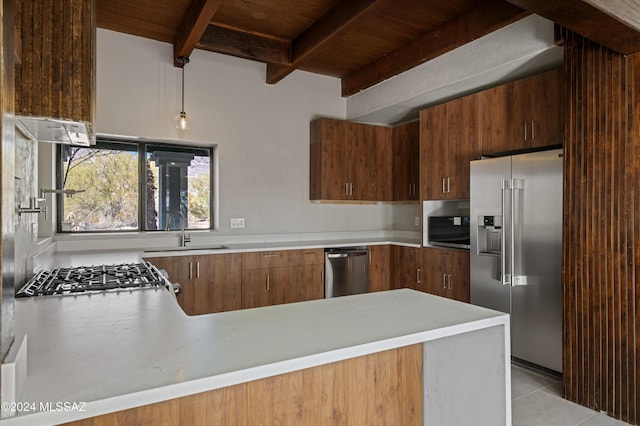 kitchen featuring wood ceiling, stainless steel appliances, sink, beamed ceiling, and light tile patterned flooring