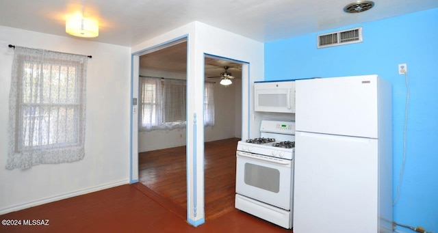 kitchen featuring white appliances, ceiling fan, and dark wood-type flooring