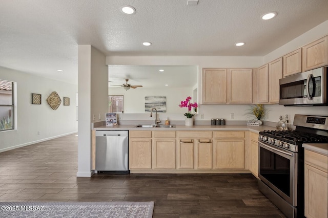 kitchen featuring stainless steel appliances, dark wood-type flooring, a sink, and light brown cabinetry