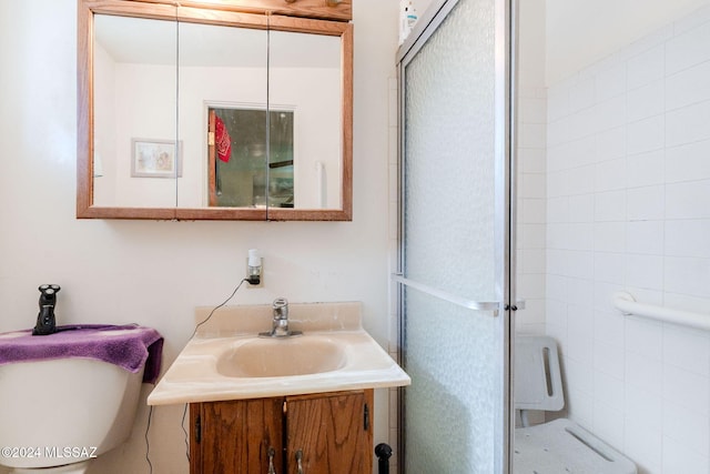 bathroom with vanity, a shower with shower door, and toilet