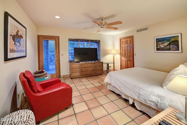 bedroom featuring ceiling fan and light tile patterned flooring