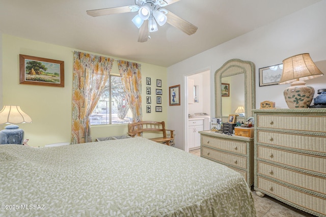 bedroom featuring ensuite bathroom, ceiling fan, and light tile patterned flooring