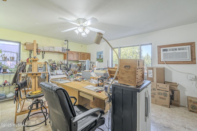 office with an AC wall unit, ceiling fan, and light tile patterned floors