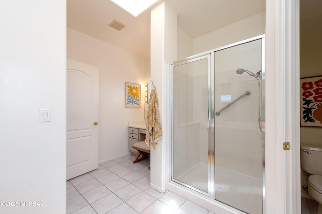 full bathroom with visible vents, toilet, a stall shower, vanity, and tile patterned flooring
