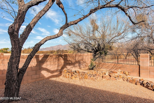 view of yard with a fenced backyard and a mountain view