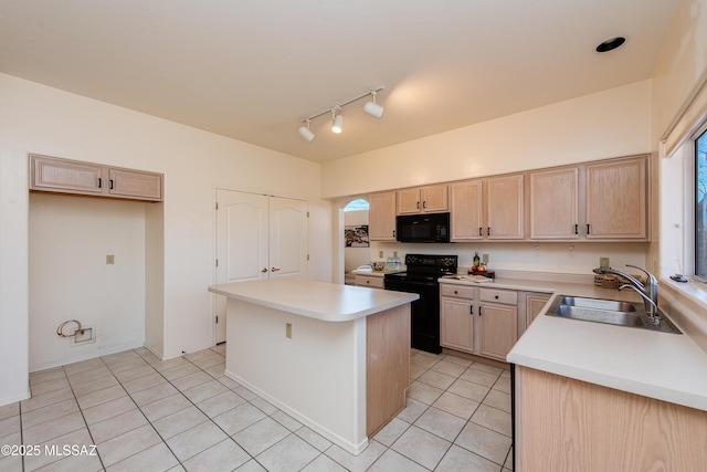 kitchen with light brown cabinets, a kitchen island, a sink, light countertops, and black appliances