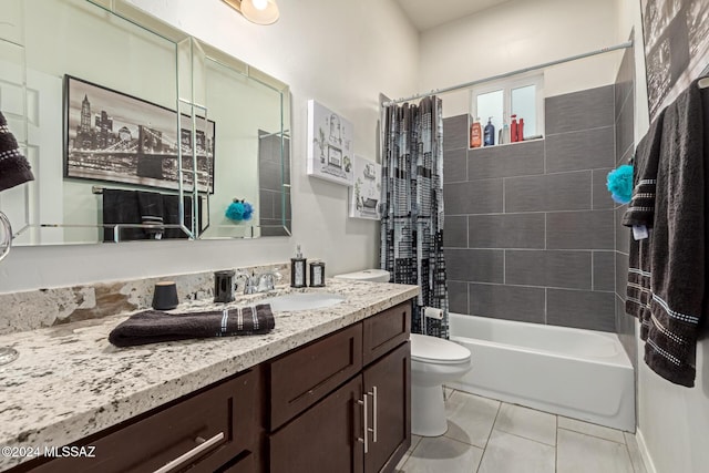 full bathroom with tile patterned floors, vanity, shower / bathtub combination with curtain, and toilet