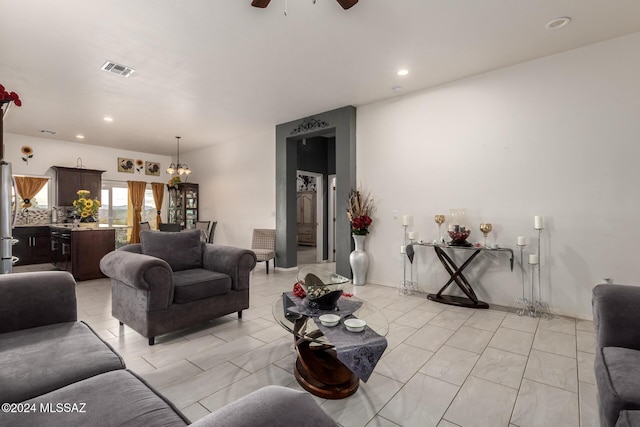 living room featuring ceiling fan