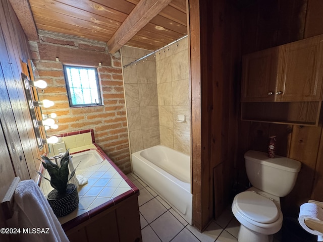 full bathroom with tile patterned floors, vanity, beam ceiling, wooden ceiling, and toilet