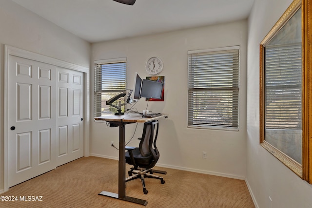 home office featuring light carpet