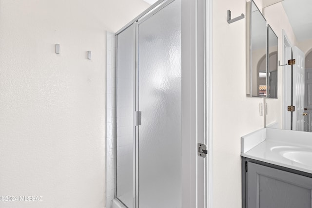 bathroom featuring vanity and a shower with shower door