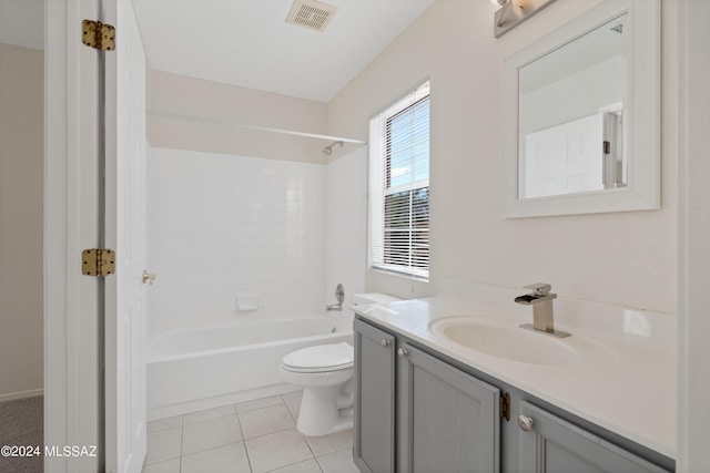 full bathroom with shower / tub combination, tile patterned flooring, vanity, and toilet