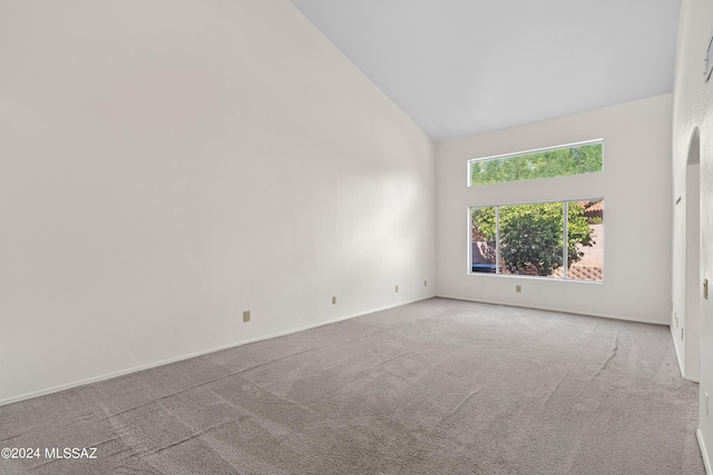 spare room with light carpet and high vaulted ceiling