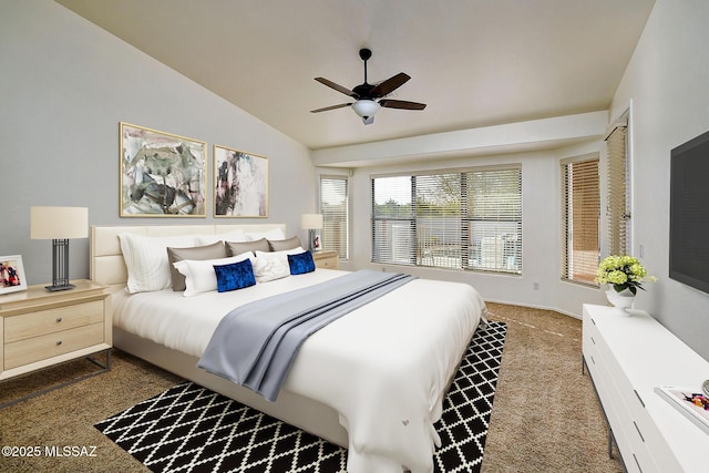 carpeted bedroom with ceiling fan and lofted ceiling