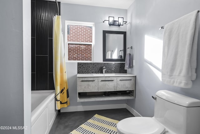 full bathroom featuring decorative backsplash, concrete flooring, vanity, shower / bathtub combination with curtain, and toilet