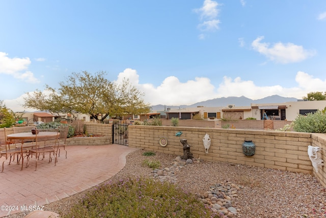 view of yard featuring a patio area and a mountain view