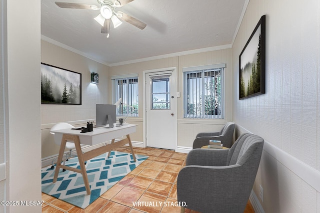 tiled home office featuring ceiling fan and crown molding